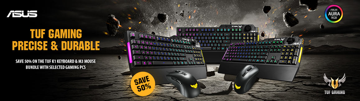 Save 50% on the TUF K1 Keyboard & M3 Mouse Bundle with selected Gaming PCs